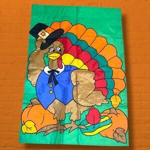 Thanksgiving Turkey House Flag Pilgrim Hat Pumpkin Fall Autumn 40" Nylon Vintage